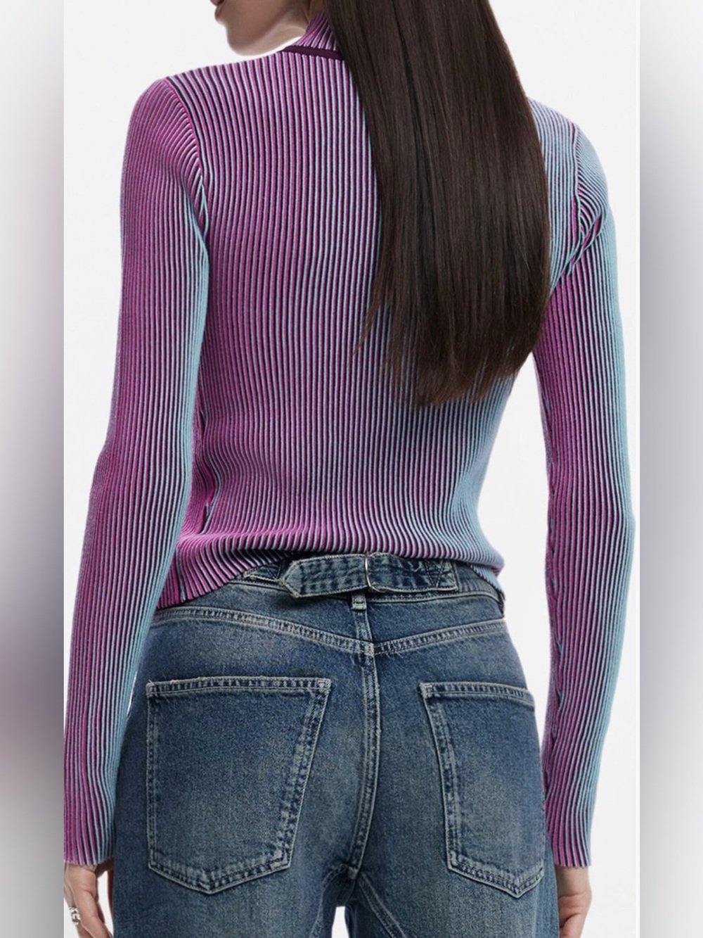 Desigual Ribbed Zip-Up Turtleneck Sweater in Purple and Teal - Picture 2 of 13